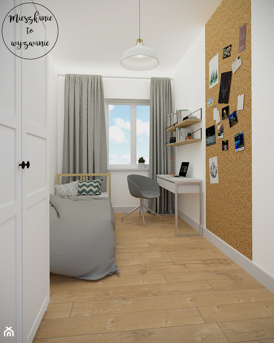 Mieszkanie 55m2 - Ursynów - Mała biała z biurkiem sypialnia, styl skandynawski - zdjęcie od Mieszkanie to wyzwanie