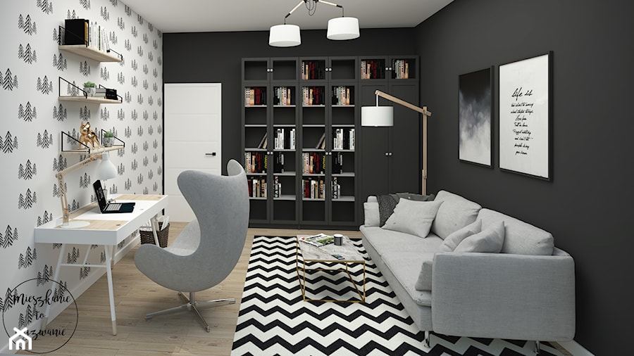 Dom pod Warszawą - Simon G2 - Średnie w osobnym pomieszczeniu z sofą białe czarne biuro, styl skandynawski - zdjęcie od Mieszkanie to wyzwanie
