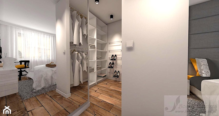 MIESZKANIE W STYLU INDUSTRIALNYM - Średnia otwarta garderoba przy sypialni, styl industrialny - zdjęcie od Boskie Wnetrza i Ty