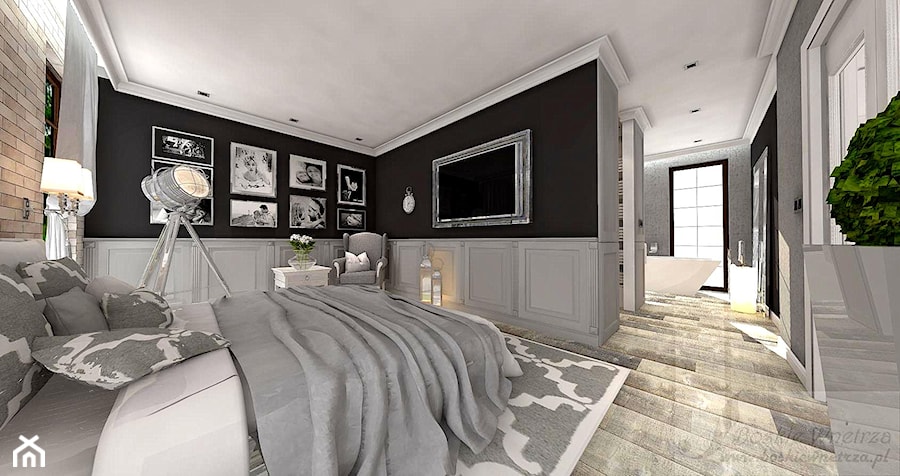 DOM W ŻARACH - Duża czarna szara sypialnia z łazienką, styl glamour - zdjęcie od Boskie Wnetrza i Ty