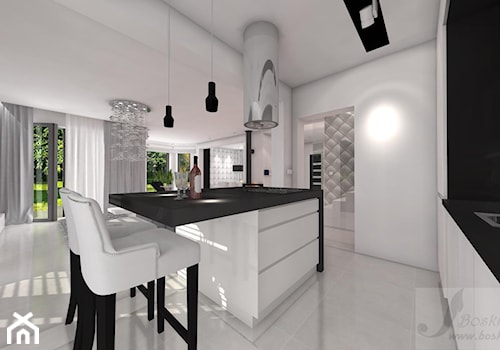DOM W STYLU GLAMOUR - Średnia otwarta z salonem biała czarna z nablatowym zlewozmywakiem kuchnia jednorzędowa z wyspą lub półwyspem, styl glamour - zdjęcie od Boskie Wnetrza i Ty