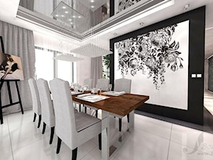 ARANŻACJA SALONU Z ANTRESOLA - Duża biała czarna jadalnia jako osobne pomieszczenie, styl glamour - zdjęcie od Boskie Wnetrza i Ty