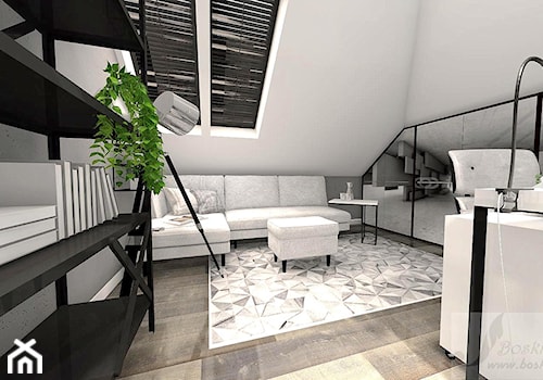 BIURO W DOMU - Średnie w osobnym pomieszczeniu z sofą z zabudowanym biurkiem szare biuro, styl industrialny - zdjęcie od Boskie Wnetrza i Ty