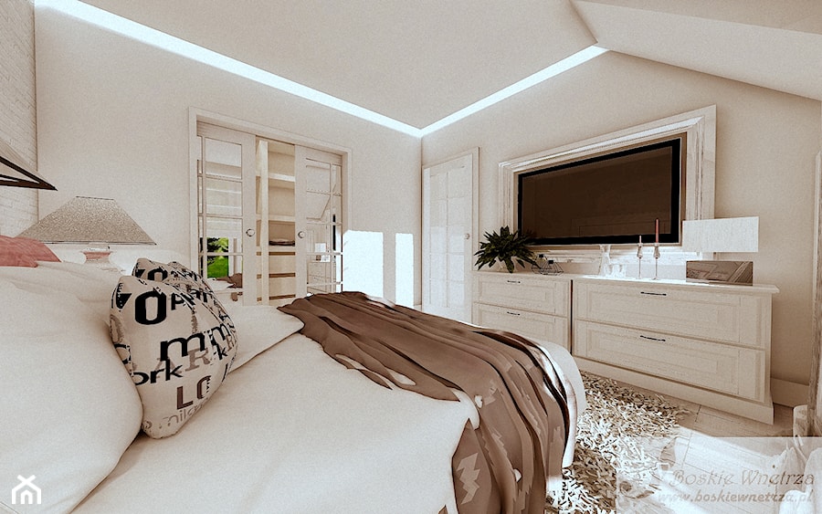 ARANŻACJA DOMU W GŁOGOWIE 1 - Średnia beżowa sypialnia na poddaszu, styl prowansalski - zdjęcie od Boskie Wnetrza i Ty
