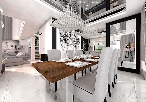 ARANŻACJA SALONU Z ANTRESOLA - Duża biała czarna jadalnia jako osobne pomieszczenie, styl glamour - zdjęcie od Boskie Wnetrza i Ty
