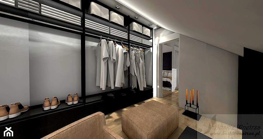 Biała czarna sypialnia z garderobą, styl nowoczesny - zdjęcie od Boskie Wnetrza i Ty
