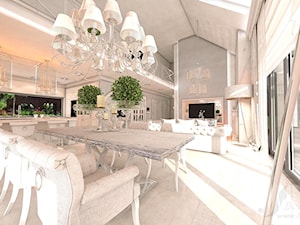 DOM Z OTWARTA ANTESOLĄ - Duży biały szary salon z kuchnią z jadalnią z antresolą, styl glamour - zdjęcie od Boskie Wnetrza i Ty