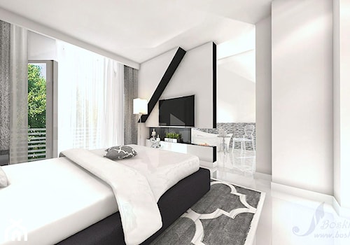 DOM W STYLU GLAMOUR - Średnia biała czarna sypialnia z łazienką z balkonem / tarasem, styl glamour - zdjęcie od Boskie Wnetrza i Ty