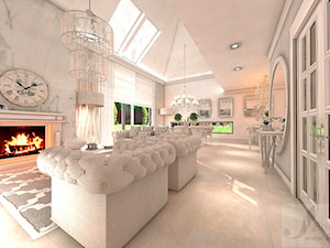 DOM Z OTWARTA ANTESOLĄ - Duży biały salon z jadalnią z tarasem / balkonem, styl glamour - zdjęcie od Boskie Wnetrza i Ty