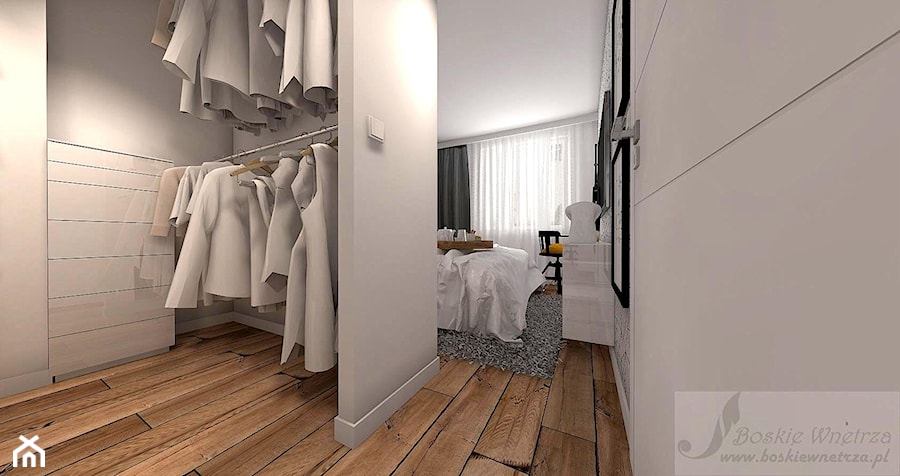 MIESZKANIE W STYLU INDUSTRIALNYM - Mała otwarta garderoba przy sypialni, styl industrialny - zdjęcie od Boskie Wnetrza i Ty