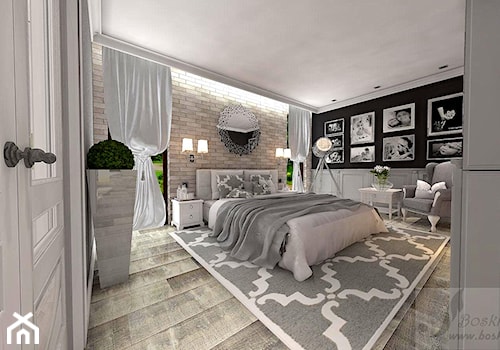 DOM W ŻARACH - Duża biała czarna sypialnia z balkonem / tarasem, styl glamour - zdjęcie od Boskie Wnetrza i Ty