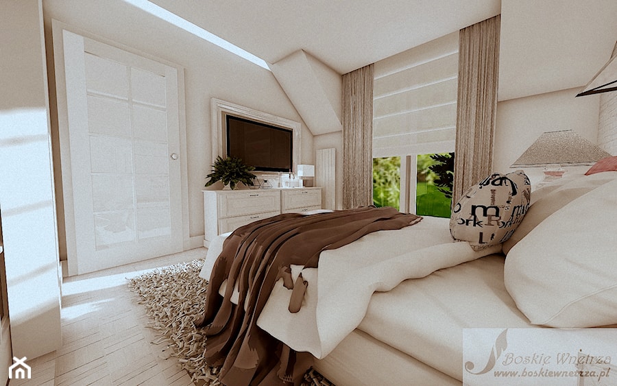 ARANŻACJA DOMU W GŁOGOWIE 1 - Średnia beżowa sypialnia na poddaszu z balkonem / tarasem, styl prowansalski - zdjęcie od Boskie Wnetrza i Ty