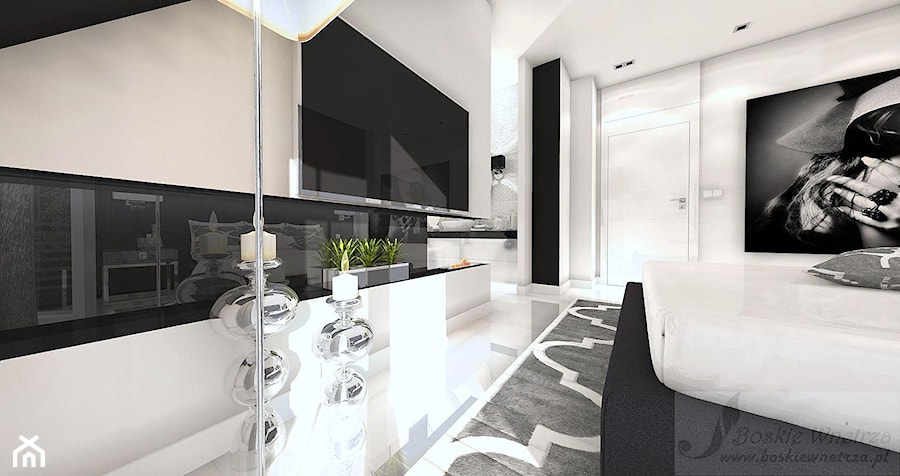 DOM W STYLU GLAMOUR - Duża biała czarna sypialnia na poddaszu z łazienką, styl glamour - zdjęcie od Boskie Wnetrza i Ty