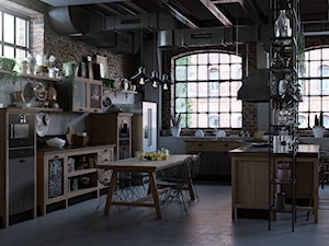 Kitchen for ZOV / Loft - Duża otwarta z salonem z kamiennym blatem beżowa biała szara z zabudowaną lodówką z lodówką wolnostojącą kuchnia dwurzędowa z oknem, styl industrialny - zdjęcie od Irina Pravko