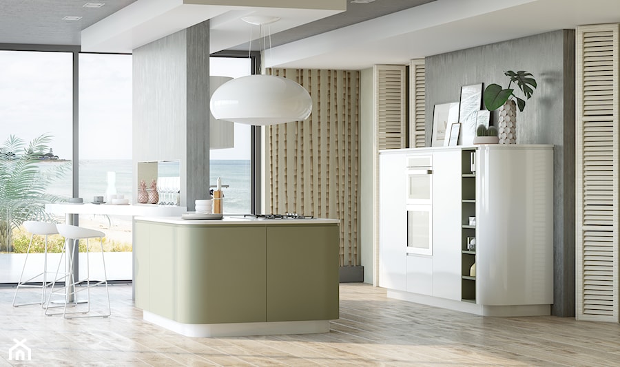 Kitchen for ZOV / Orion - Mała otwarta z kamiennym blatem szara z zabudowaną lodówką kuchnia dwurzędowa z wyspą lub półwyspem z oknem, styl nowoczesny - zdjęcie od Irina Pravko