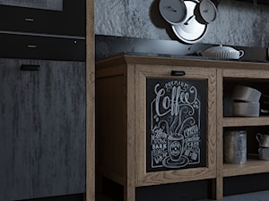 Kitchen for ZOV / Loft - Mała zamknięta z kamiennym blatem czarna z zabudowaną lodówką kuchnia jednorzędowa z marmurem nad blatem kuchennym, styl industrialny - zdjęcie od Irina Pravko