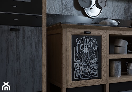 Kitchen for ZOV / Loft - Mała zamknięta z kamiennym blatem czarna z zabudowaną lodówką kuchnia jednorzędowa z marmurem nad blatem kuchennym, styl industrialny - zdjęcie od Irina Pravko