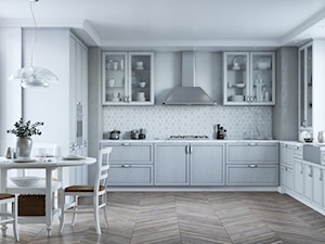 Kitchen for ZOV / Leon - Średnia otwarta z kamiennym blatem biała szara z zabudowaną lodówką z lodówką wolnostojącą z nablatowym zlewozmywakiem kuchnia w kształcie litery l z oknem, styl tradycyjny - zdjęcie od Irina Pravko