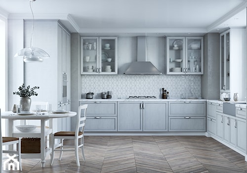 Kitchen for ZOV / Leon - Średnia otwarta z kamiennym blatem biała szara z zabudowaną lodówką z lodówką wolnostojącą z nablatowym zlewozmywakiem kuchnia w kształcie litery l z oknem, styl tradycyjny - zdjęcie od Irina Pravko