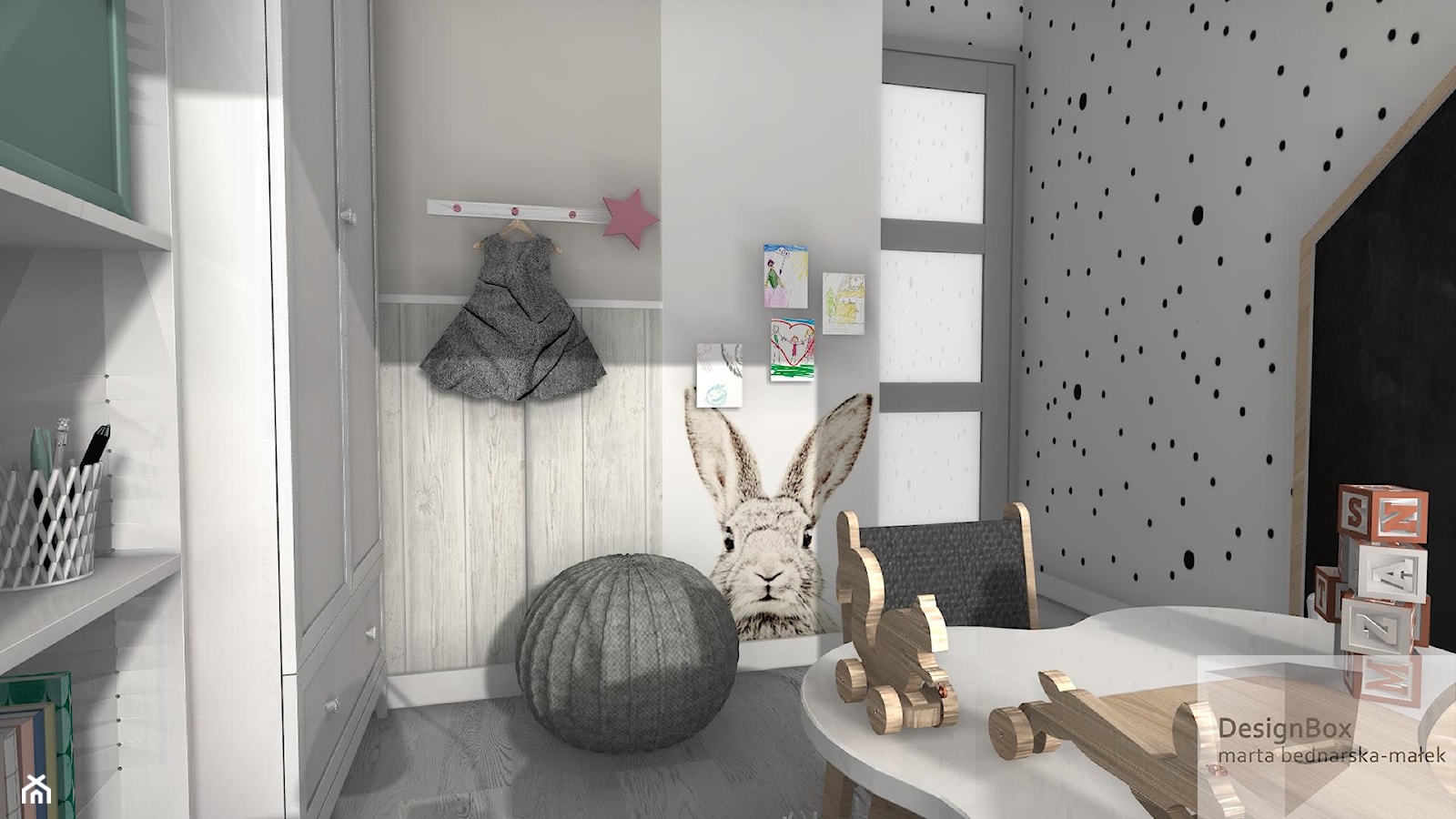 Pokoik trzyletniej Liwii - Średni biały czarny pokój dziecka dla dziecka dla dziewczynki, styl skandynawski - zdjęcie od Designbox Marta Bednarska-Małek - Homebook
