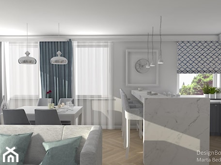 Aranżacje wnętrz - Jadalnia: New Hamptons - Średnia biała jadalnia w salonie w kuchni, styl glamour - Designbox Marta Bednarska-Małek. Przeglądaj, dodawaj i zapisuj najlepsze zdjęcia, pomysły i inspiracje designerskie. W bazie mamy już prawie milion fotografii!