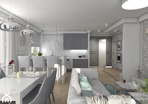 New Hamptons - Mały biały szary salon z kuchnią z jadalnią, styl glamour - zdjęcie od Designbox Marta Bednarska-Małek