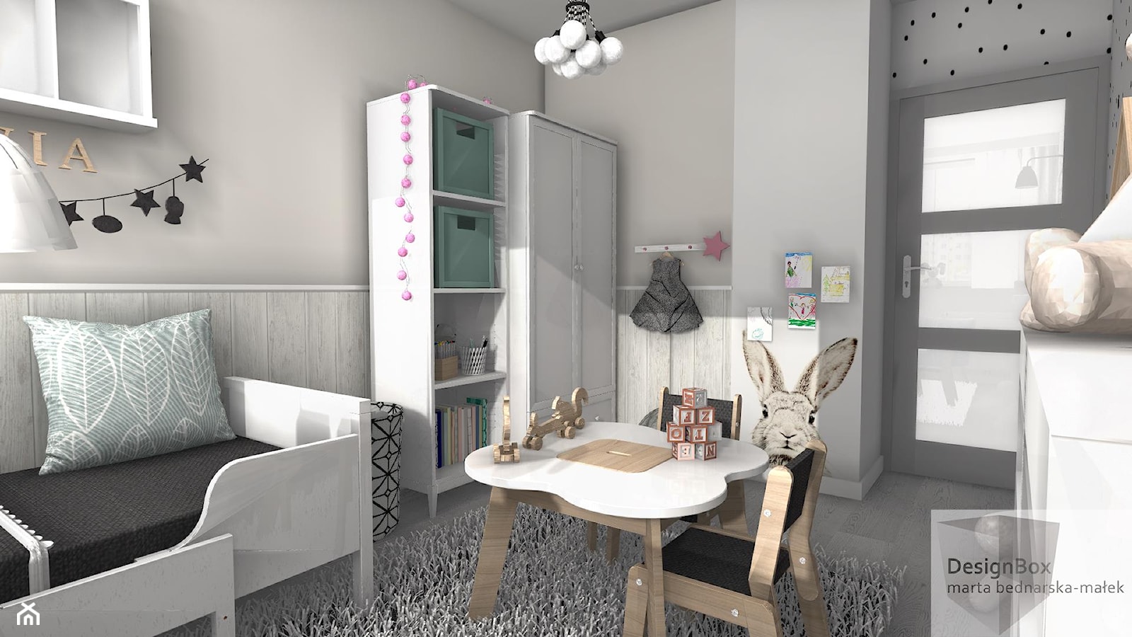 Pokoik trzyletniej Liwii - Średni biały szary pokój dziecka dla dziecka dla chłopca dla dziewczynki, styl skandynawski - zdjęcie od Designbox Marta Bednarska-Małek - Homebook