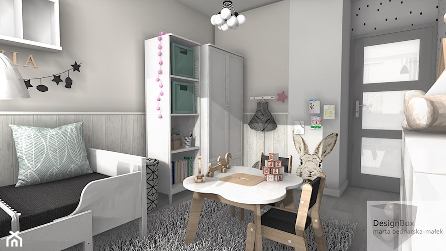 Pokoik trzyletniej Liwii - Średni biały szary pokój dziecka dla dziecka dla chłopca dla dziewczynki, styl skandynawski - zdjęcie od Designbox Marta Bednarska-Małek
