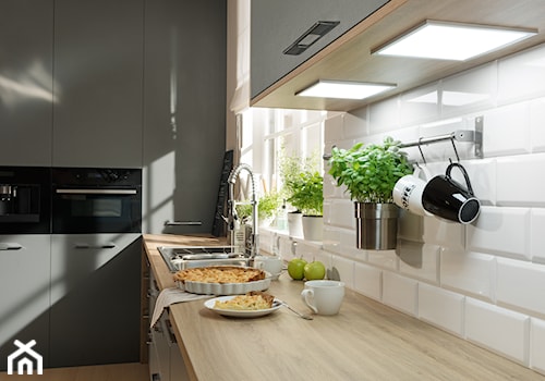 Kuchnia - Mała zamknięta biała z zabudowaną lodówką z nablatowym zlewozmywakiem kuchnia w kształcie litery l z oknem, styl skandynawski - zdjęcie od Häfele