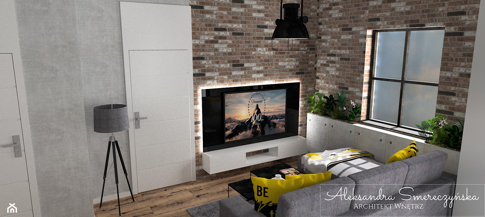 Telewizor na ścianie z cegieł - zdjęcie od Aleksandra Tymińska Projektowanie Wnętrz - Homebook