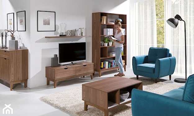 drewniana meble w salonie, niebieskie fotele, beżowy dywan