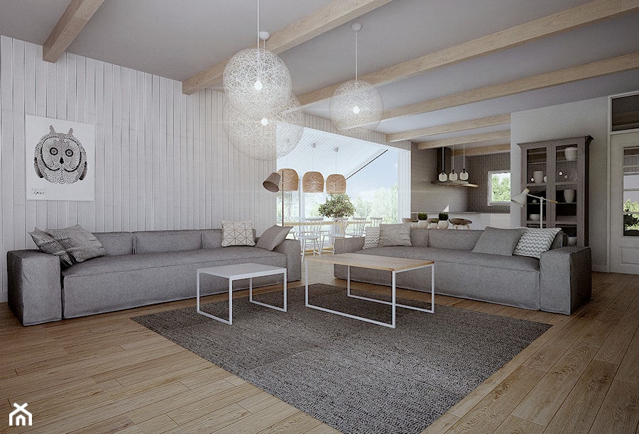 dom w Niepołomicach - Duży biały salon z kuchnią z jadalnią z barkiem, styl skandynawski - zdjęcie od double look design