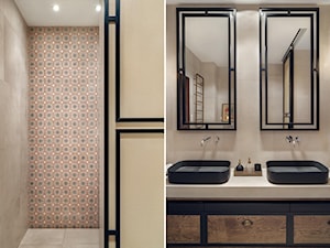 KONKURS willa w Krakowie - Mała bez okna z lustrem z dwoma umywalkami z punktowym oświetleniem łazienka, styl nowoczesny - zdjęcie od double look design