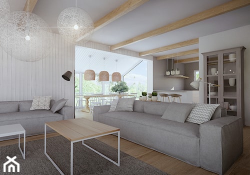 dom w Niepołomicach - Średni biały salon z kuchnią z jadalnią z barkiem, styl skandynawski - zdjęcie od double look design