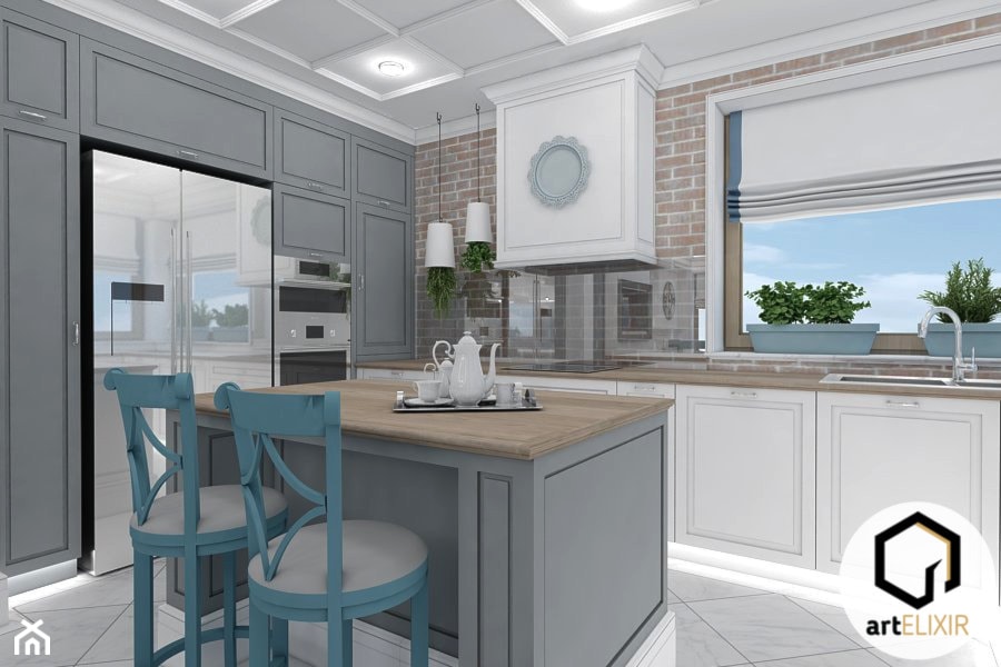 Dom w stylu New Hampton - Średnia otwarta z zabudowaną lodówką kuchnia w kształcie litery l z wyspą lub półwyspem z oknem, styl tradycyjny - zdjęcie od ART ELIXIR