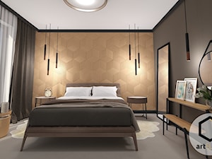 Sypialnia ze ścianą korkową w tle, Sopot - Średnia brązowa sypialnia, styl nowoczesny - zdjęcie od ART ELIXIR