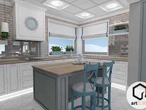 Dom w stylu New Hampton - Duża zamknięta szara z zabudowaną lodówką z nablatowym zlewozmywakiem kuchnia w kształcie litery l z wyspą lub półwyspem z oknem, styl tradycyjny - zdjęcie od ART ELIXIR