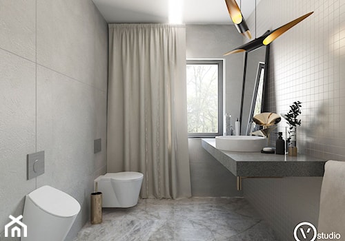 wizualizacje - Mała z lustrem z marmurową podłogą łazienka z oknem, styl minimalistyczny - zdjęcie od v-studio