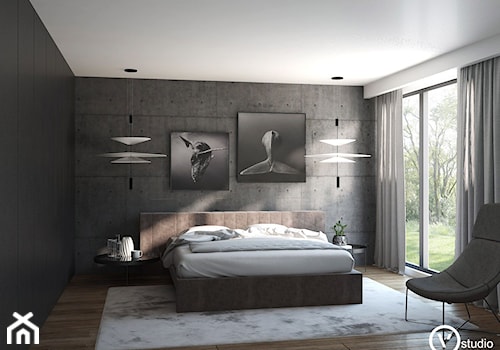 wizualizacje - Średnia czarna szara sypialnia, styl minimalistyczny - zdjęcie od v-studio