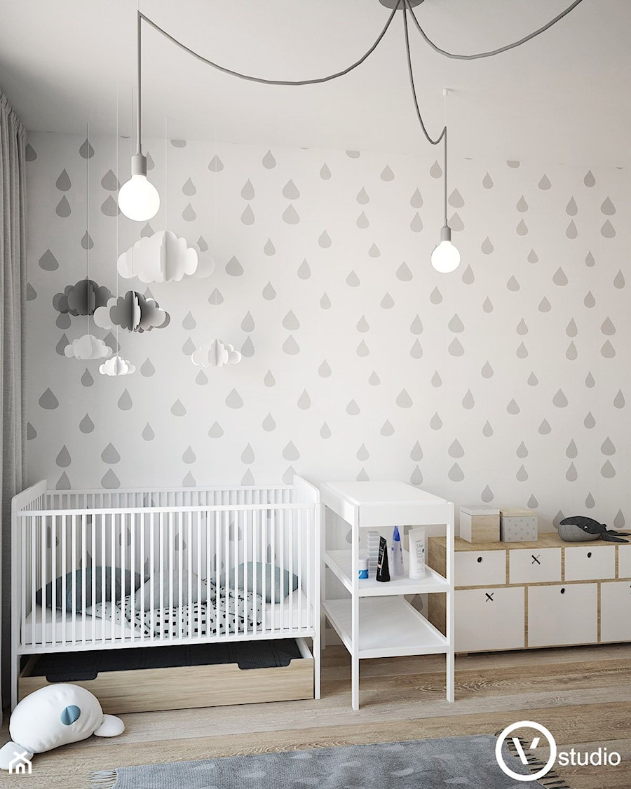 wizualizacje - Mały biały szary pokój dziecka dla niemowlaka dla chłopca dla dziewczynki, styl skandynawski - zdjęcie od v-studio
