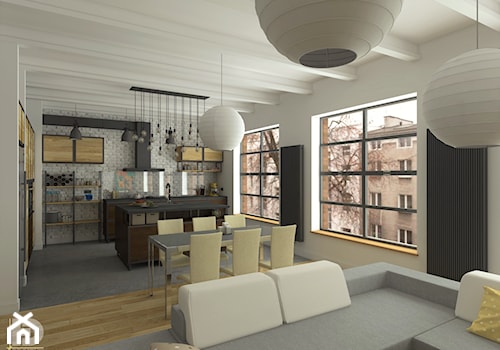 LOFT - Salon z aneksem kuchennym - Duża szara jadalnia w salonie w kuchni, styl industrialny - zdjęcie od HD PROJEKT - Studio Projektowania Wnętrz