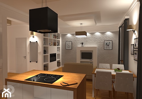 STARA KAMIENICA - Apartament 60m2 - Mały biały salon z kuchnią z jadalnią z bibiloteczką, styl nowoczesny - zdjęcie od HD PROJEKT - Studio Projektowania Wnętrz