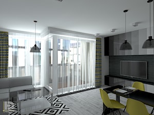 MENNICA - Apartament 49m2 - warianty aranżacji - Średni biały salon z jadalnią z tarasem / balkonem, styl nowoczesny - zdjęcie od HD PROJEKT - Studio Projektowania Wnętrz