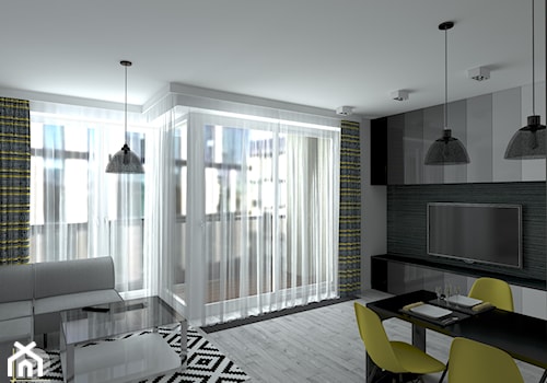 MENNICA - Apartament 49m2 - warianty aranżacji - Średni biały salon z jadalnią z tarasem / balkonem, styl nowoczesny - zdjęcie od HD PROJEKT - Studio Projektowania Wnętrz