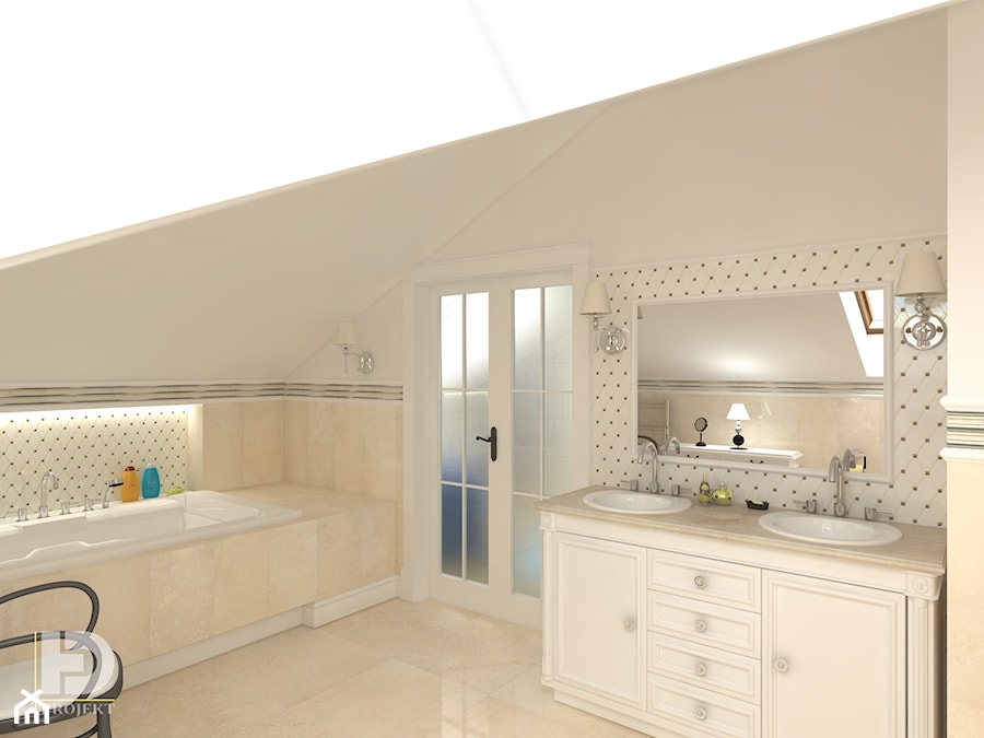 SEGMENT MIESZKALNY - Poddasze 50m2 - Średnia na poddaszu z dwoma umywalkami łazienka z oknem, styl tradycyjny - zdjęcie od HD PROJEKT - Studio Projektowania Wnętrz