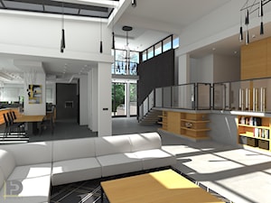 DOM JEDNORODZINNY - Duży biały szary salon z kuchnią z jadalnią z antresolą z bibiloteczką, styl nowoczesny - zdjęcie od HD PROJEKT - Studio Projektowania Wnętrz