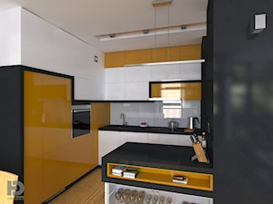 MENNICA - Apartament 49m2 - Średnia otwarta z kamiennym blatem biała czarna z zabudowaną lodówką z lodówką wolnostojącą z nablatowym zlewozmywakiem kuchnia w kształcie litery l z wyspą lub półwyspem z oknem, styl nowoczesny - zdjęcie od HD PROJEKT - Studio Projektowania Wnętrz