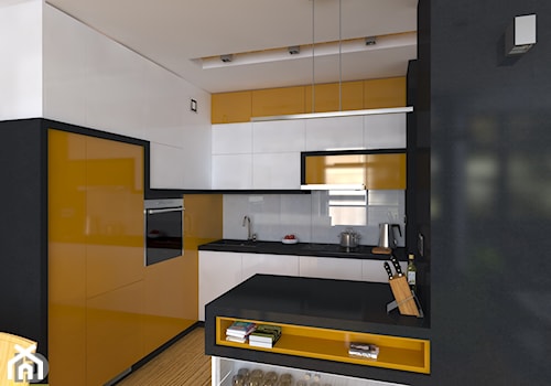 MENNICA - Apartament 49m2 - Średnia otwarta z kamiennym blatem biała czarna z zabudowaną lodówką z lodówką wolnostojącą z nablatowym zlewozmywakiem kuchnia w kształcie litery l z wyspą lub półwyspem z oknem, styl nowoczesny - zdjęcie od HD PROJEKT - Studio Projektowania Wnętrz