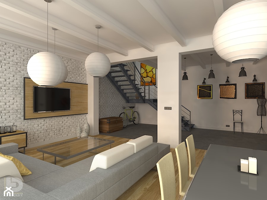 LOFT - Salon z aneksem kuchennym - Salon, styl industrialny - zdjęcie od HD PROJEKT - Studio Projektowania Wnętrz