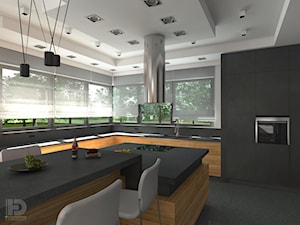 DOM JEDNORODZINNY - Duża z salonem biała czarna z zabudowaną lodówką z nablatowym zlewozmywakiem kuchnia w kształcie litery g z oknem, styl nowoczesny - zdjęcie od HD PROJEKT - Studio Projektowania Wnętrz